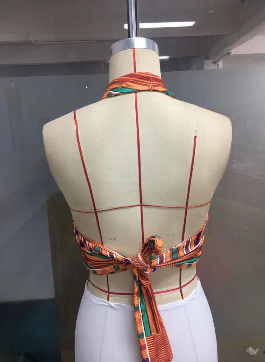 Kente Scarf Top, Tie Back Wrap Halter Top